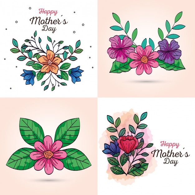 Set cards of happy mother day with flowers decoration