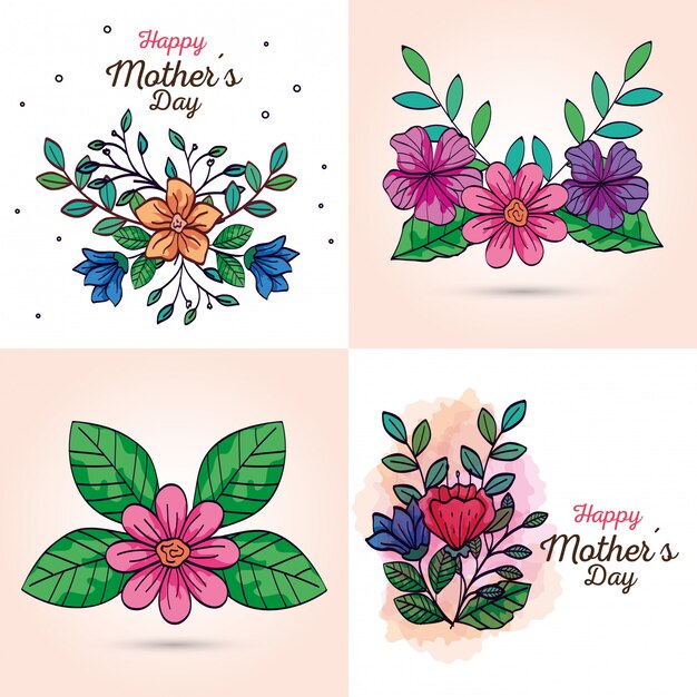 花の装飾で幸せな母の日のカードを設定します
