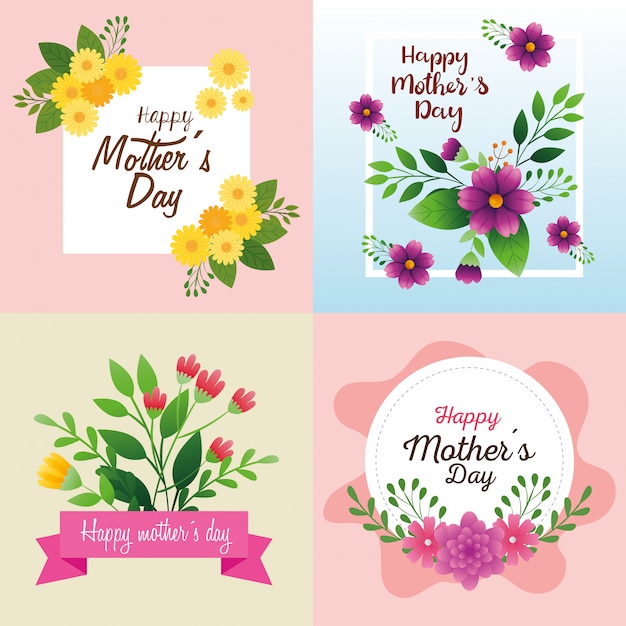 꽃 장식으로 해피 어머니의 날의 카드 설정
