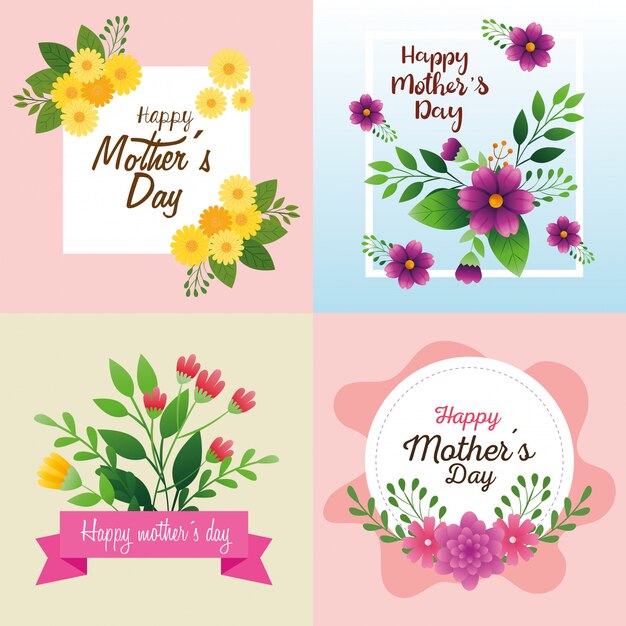 Набор открыток счастливого Дня Матери с украшением цветами