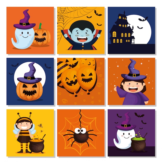 Vettore gratuito set di carte con elementi di halloween