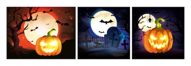 Free vector set cards with halloween scenes