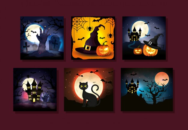 Set cards with halloween scenes