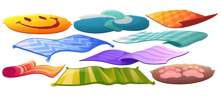 मुफ़्त वेक्टर set of carpets or rugs of different shapes, designs and colors. floor covering, interior decor, mats with tassels, smiling face, cat paws cozy home decoration isolated, cartoon vector illustration