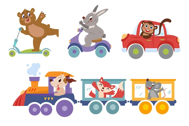 Free vector set of cartoon animals on transport