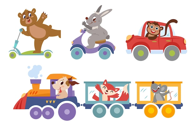 Set of cartoon animals on transport