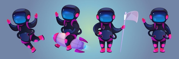 Free vector set of cartoon astronauts in spacesuit helmet