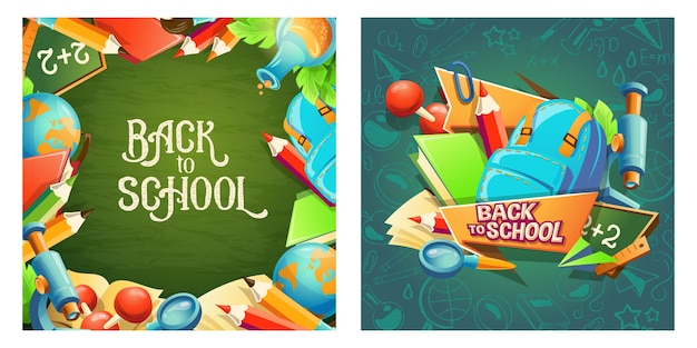 Set of cartoon banners with school accessories and inscription back to school – Free Vector Download