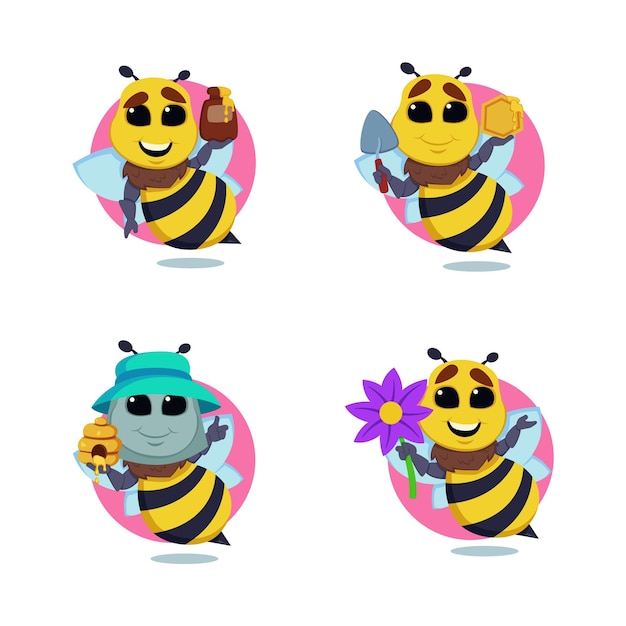 Free Vector set of cartoon bee character with flower, honey barrel, hive and honeycomb