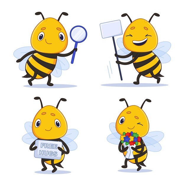 Set of cartoon bee with magnifying glass flowers blank banner and sign with free hugs phrase