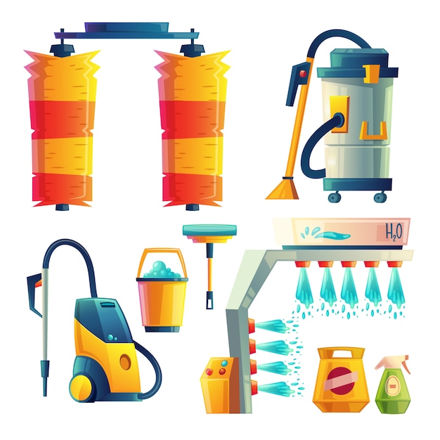 Free vector set of cartoon bright car washing elements. automobile service for cleaning transport