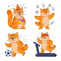 Free vector set of cartoon cat celebrating birthday running on treadmill playing football listening to music