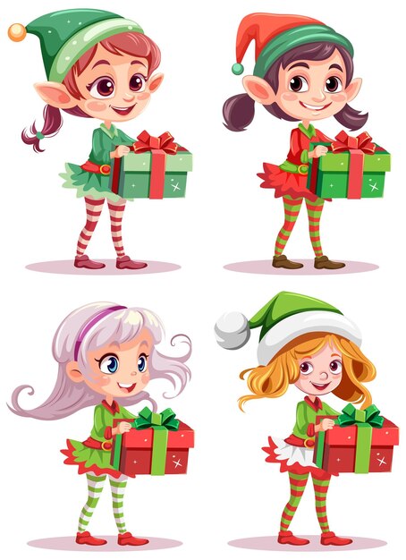 Vettore gratuito set di personaggio dei cartoni animati che tiene il regalo di natale