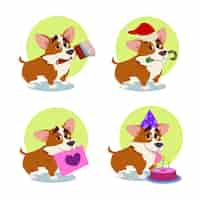 Free vector set of cartoon corgi character eating cake, celebrating christmas, holding love letter, paintbrush