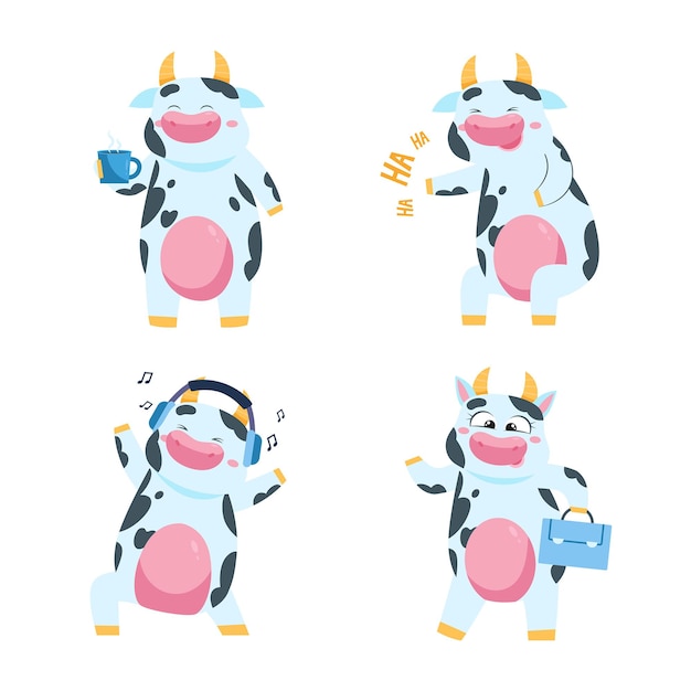 Free vector set of cartoon cow character drinking tea, laughing, listening to music on headphones, going to work