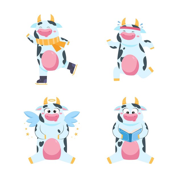 Vector Templates: Cartoon Cow Characters Ice Skating, Jogging, Reading Books