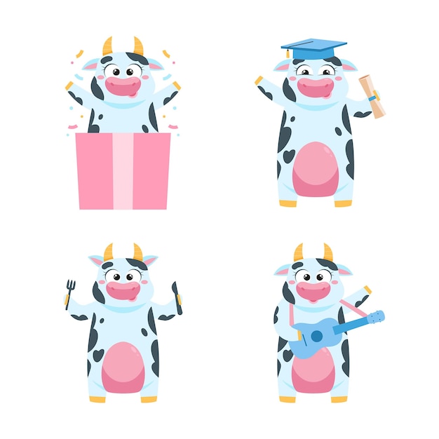 Set of cartoon cow character playing guitar, eating, sitting in gift box and graduating