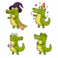 Free vector set of cartoon crocodile character celebrating, receiving love letter, holding witches broom and hat