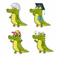 Free vector set of cartoon crocodile character having creative idea, graduating, wearing sunglasses and hatching