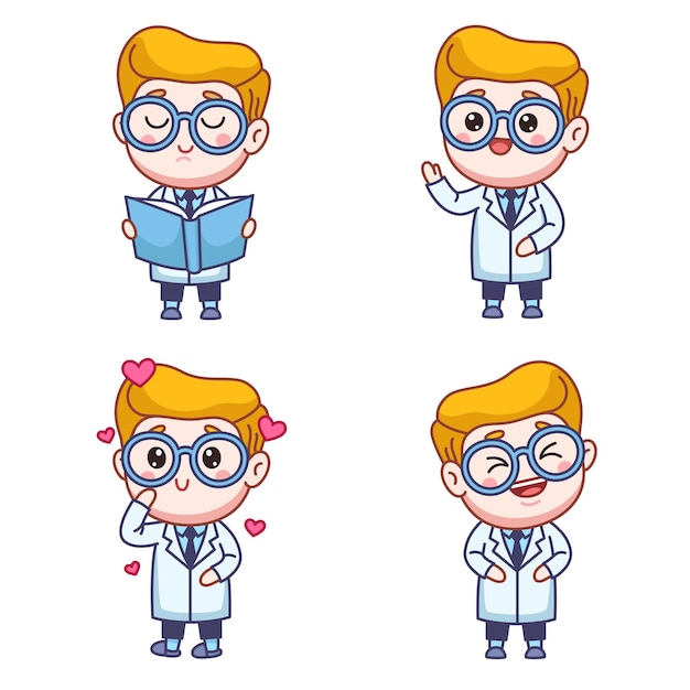 Free vector set of cartoon doctor character reading book, falling in love and laughing