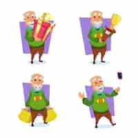 Vettore gratuito set di uomo anziano cartone animato con confezione regalo, borse della spesa e trofeo d'oro, prendendo selfie sul telefono