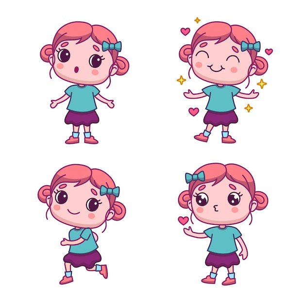 Set of cartoon girl character sending air kiss, wondering, running or walking