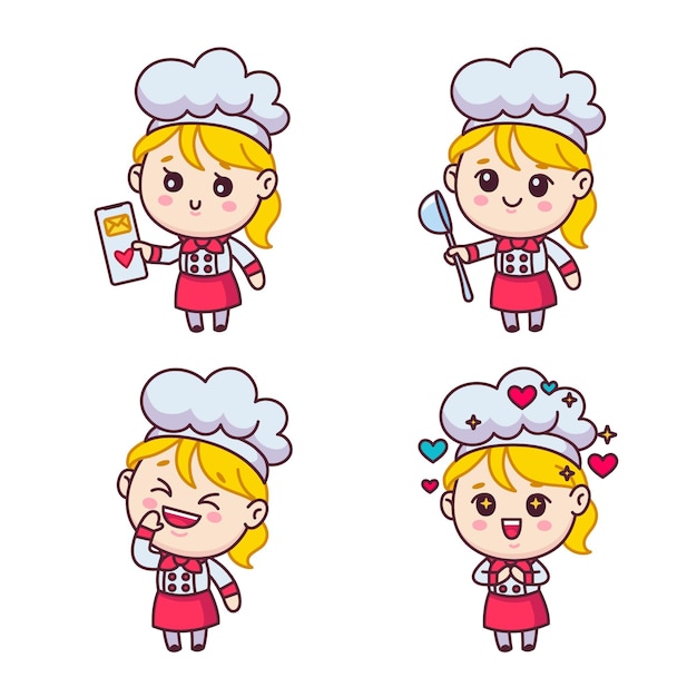 Set of cartoon girl chef character in hat and apron holding ladle and mobile phone, laughing