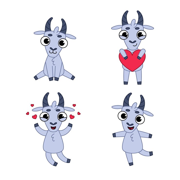 Free Vector set of cartoon goat character falling in love, sitting, holding heart and jumping