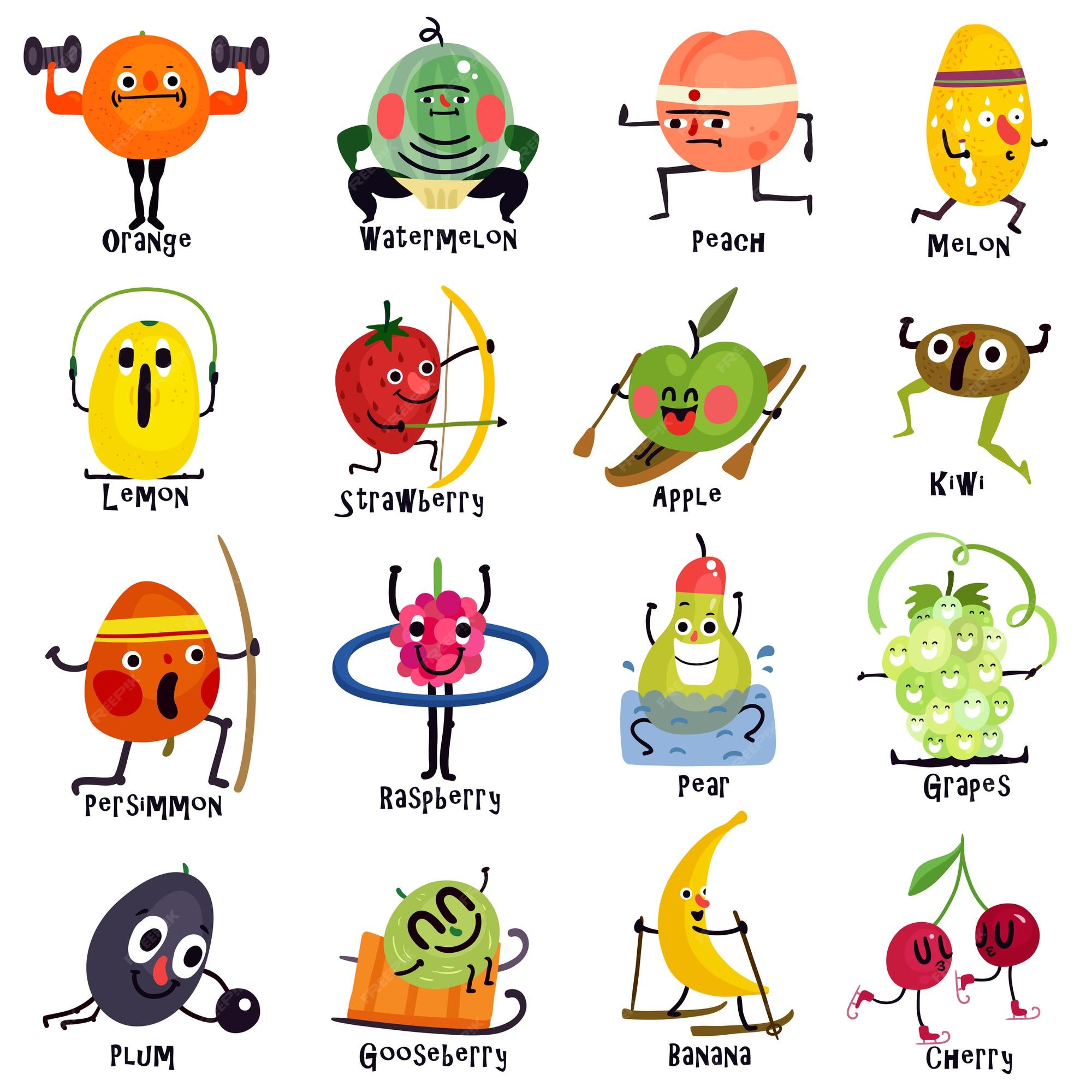 Free Vector | Set of cartoon icons funny fruits during various sport training including sumo archery jogging Free Vector | Set of cartoon icons funny fruits during various sport training including sumo archery jogging