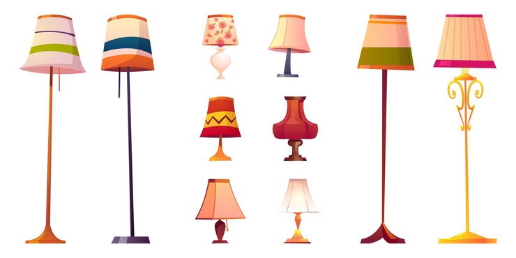 Free Vector set of cartoon lamps, floor and table torcheres with different lampshades on long and short stands.