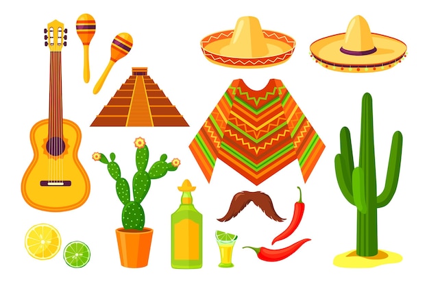 漫画のメキシコの伝統的なシンボルのセット