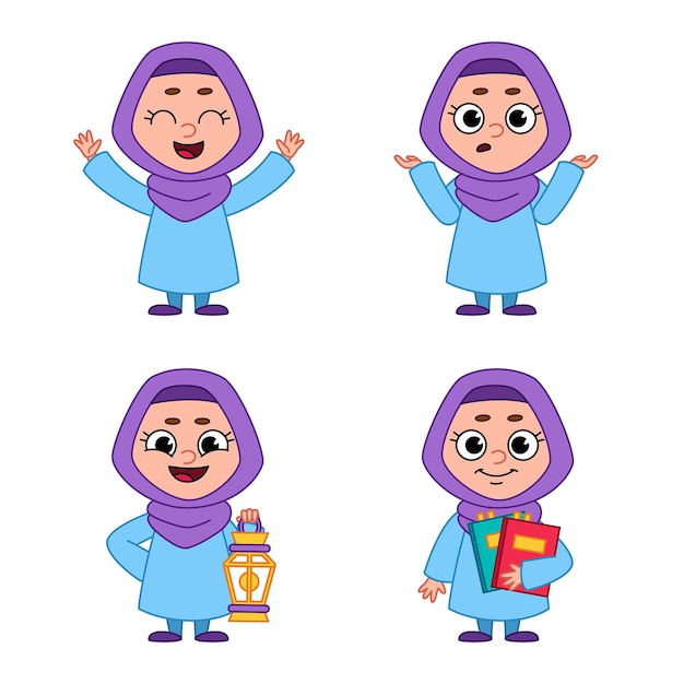 Vettore gratuito set di cartone animato ragazza musulmana saluto, sorridente, tenendo libri e lanterna