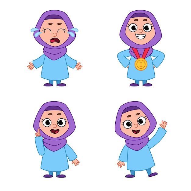 Set of cartoon Muslim girl in veil crying, greeting and winning gold medal