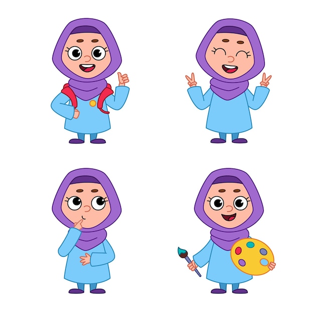 Set of cartoon Muslim girl with palette, paintbrush, thinking, showing thumbs up and peace gestures