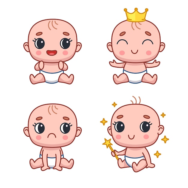 Set of cartoon newborn baby character getting upset, wearing crown, holding magic wand