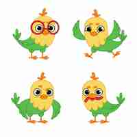 Free vector set of cartoon parrot character wearing eyeglasses, eating worm, flying and frowning