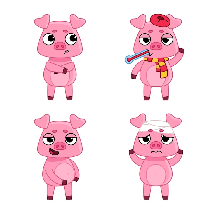 Free Vector set of cartoon piglet character having cold and headache, thinking, taking temperature