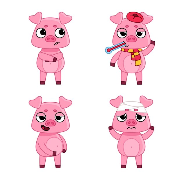 Set of cartoon piglet character having cold and headache, thinking, taking temperature