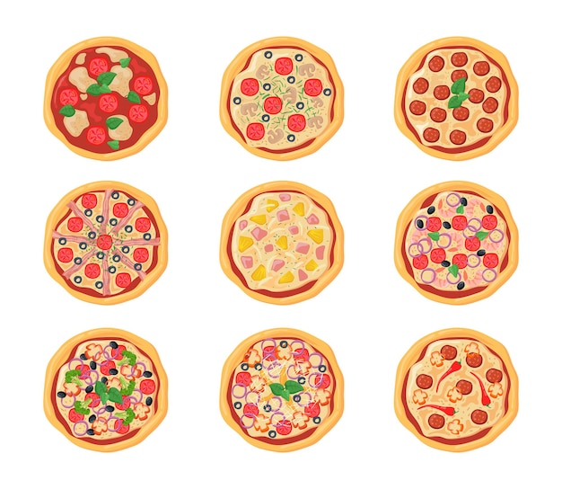 Set of cartoon pizzas with different stuffing. Flat illustration.