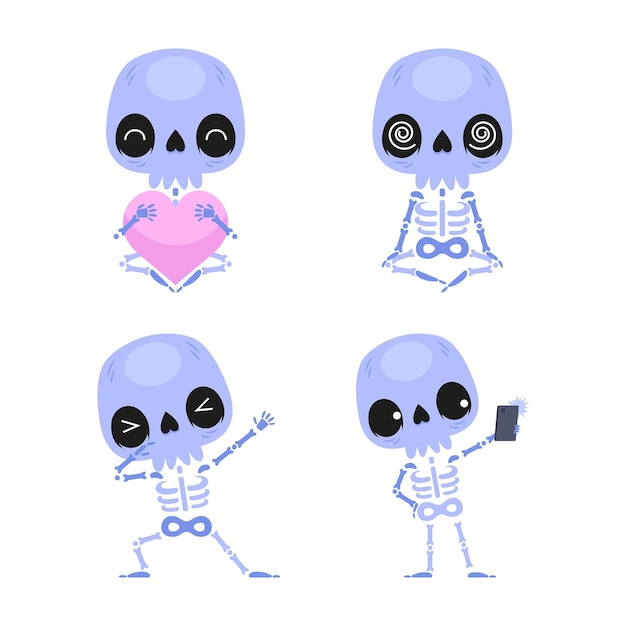 Set of cartoon skeleton character meditating, holding heart, taking selfie and dancing