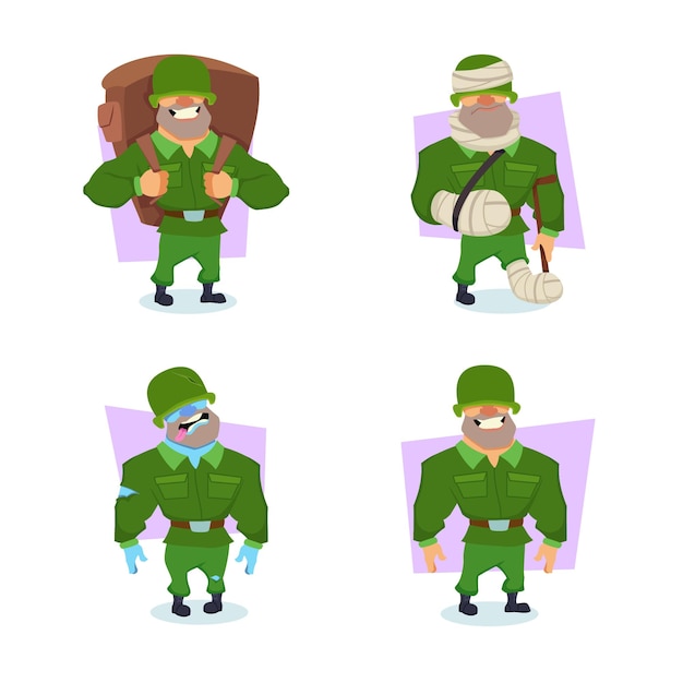 Set of cartoon soldier character with backpack standing with crutch expressing different emotions