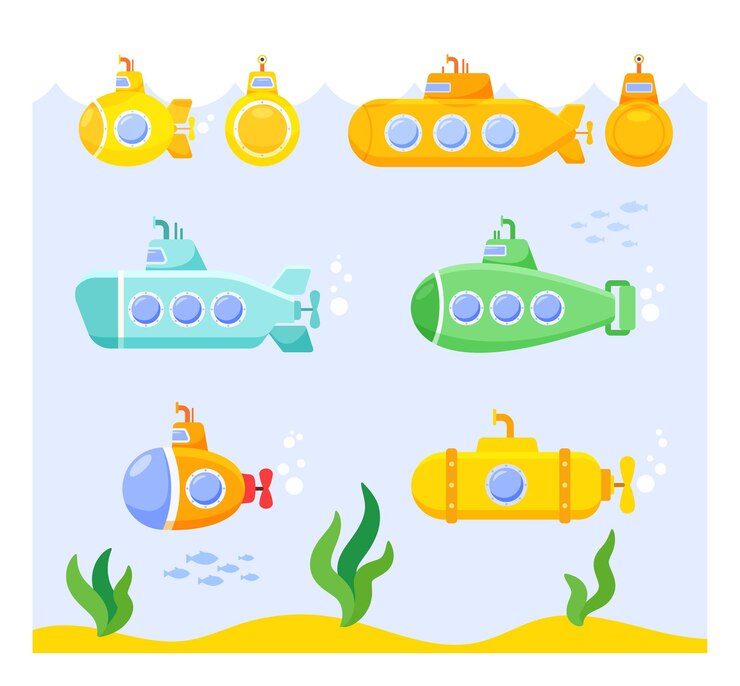Free Vector set of cartoon submarines on underwater seascape background with weeds and fish