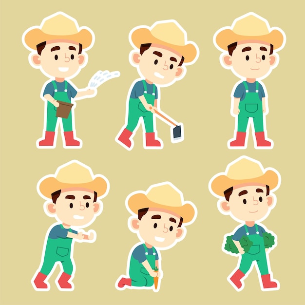 Free vector set of cartoon vector farmer man or worker in hat harvest agriculture