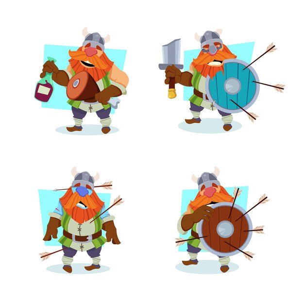 Set of cartoon viking character holding bottle of wine and knuckle shield with arrows in it