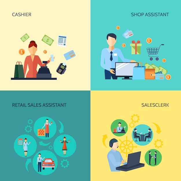 Free vector set of cashier salesclerk shop assistant and retail sales assistant