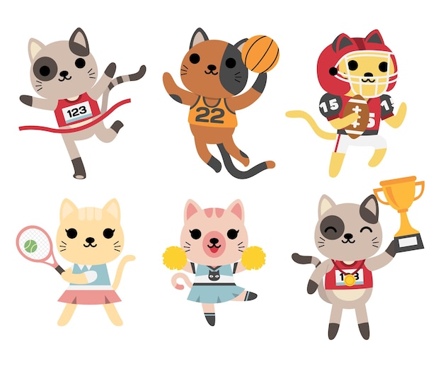 Free Vector set of cats playing, tennis, basketball, american football, cheering , winning trophy