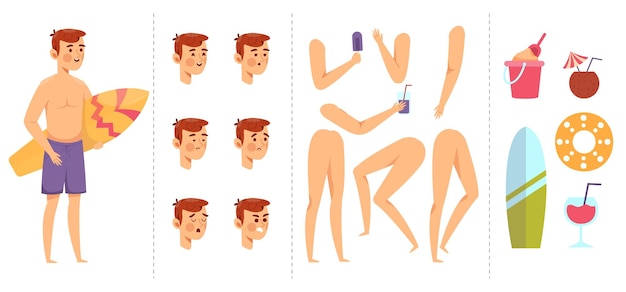 Set character constructor of Young man with surf and Body Parts Poses with Face Emotions hand leg and object about summer time with bucket sand cocktail and lifebouy