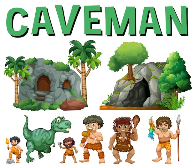 Vettore gratuito set di caratteri e grotte per caveman