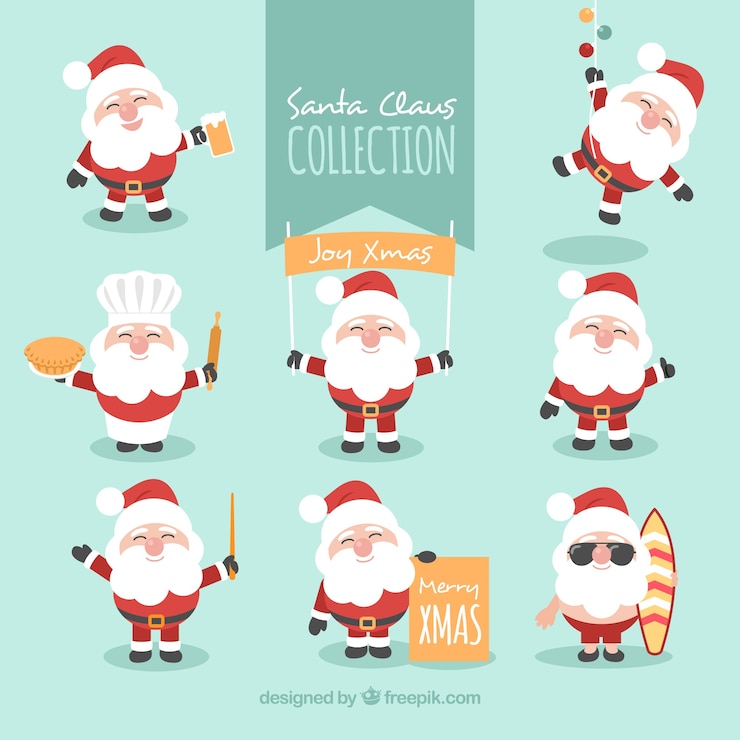 Free Vector set of characters of santa claus in different positions