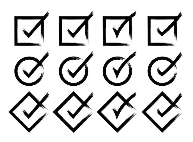 Free vector set of check marks in squares circles and diamonds hand drawn